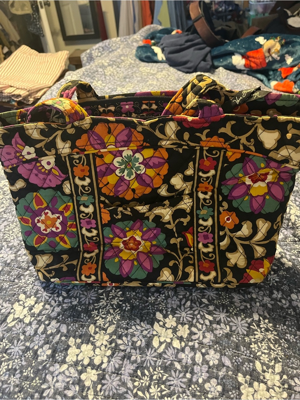 Vera Bradley Black Quilted Floral Tote with Purple, Orange & Green Accents